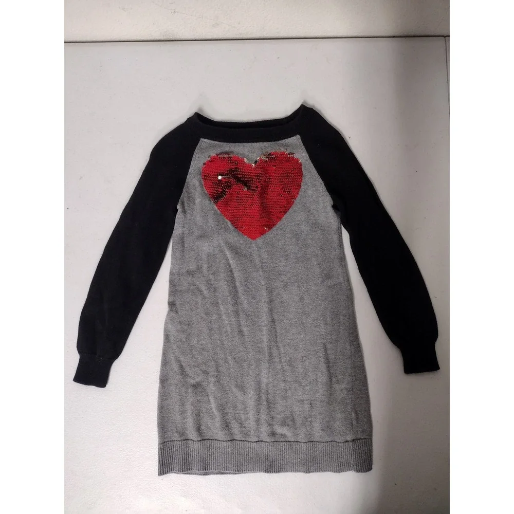 The Childrens‎ Place Girls XS 4 Gray Black Sequin Heart Sweater Dress Tunic